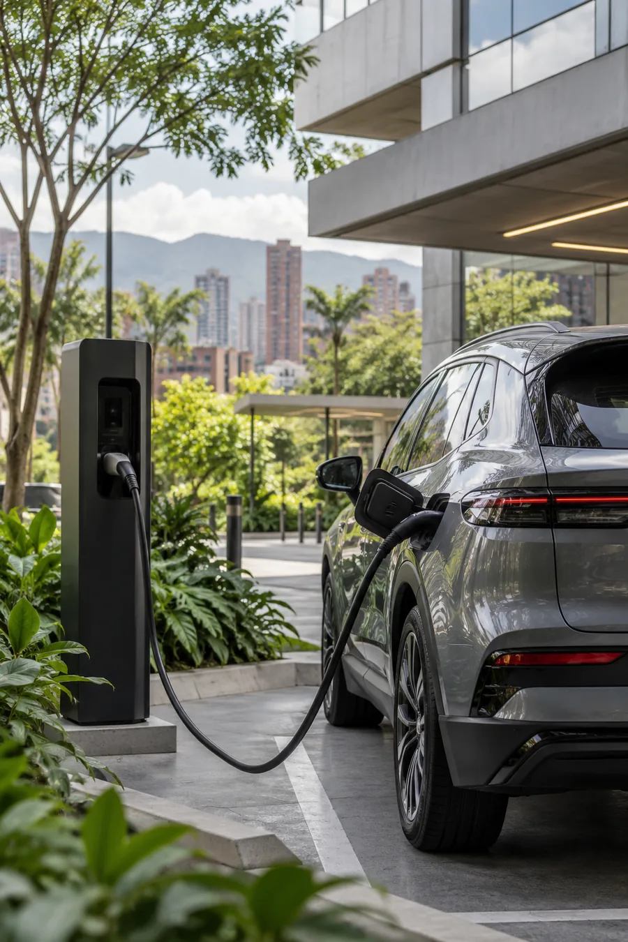 Vehículo eléctrico en estación de carga