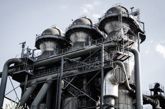 A powerful industrial structure with pipes and machinery in Duisburg, Germany.