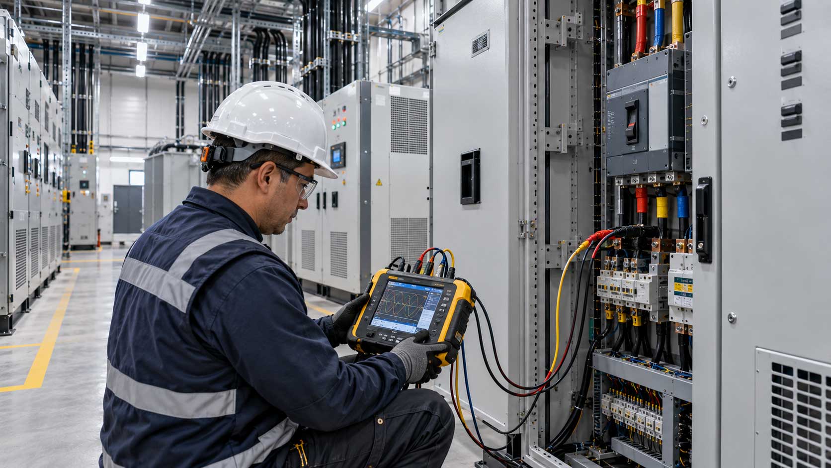 Ingeniero realizando mediciones de calidad de energía en una instalación industrial