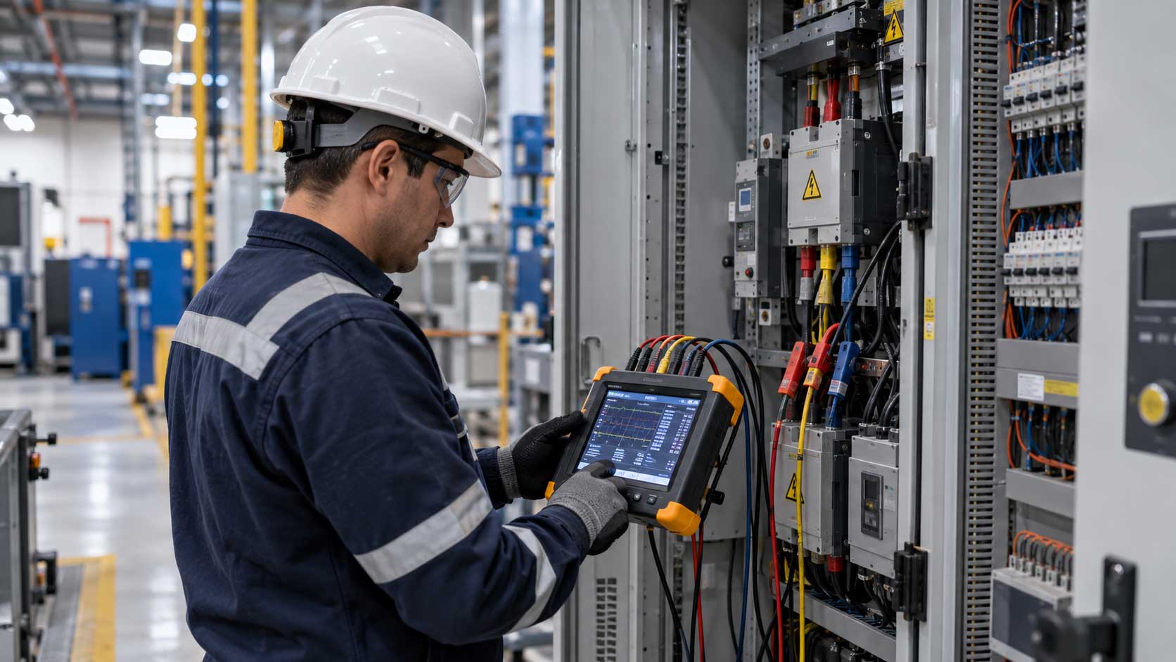 Ingeniero realizando diagnóstico de calidad de energía en una planta industrial